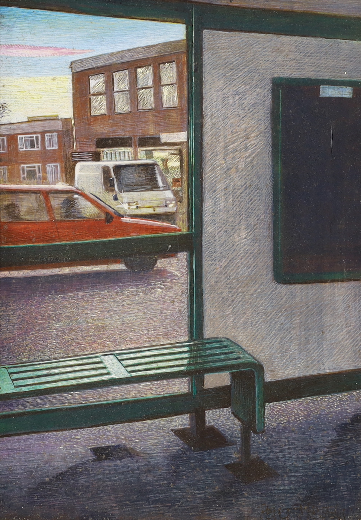 Peter Messer (Lewes artist, b.1954), egg tempura on gesso ground on board, Bus Stop before vehicles, signed, inscribed verso, 22 x 16cm